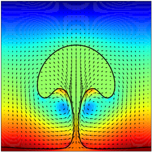 This is a snapshot from a transient 2D simulation of a boiling film. The black line represents the interface between the gaseous phase (bottom) and the liquid phase (top). The color scale indicates the pressure level from blue (low) through green to red (high). The domain is heated from the bottom, causing the liquid to evaporate at the interface and the gaseous film to grow. Eventually, the film releases a bubble as depicted.