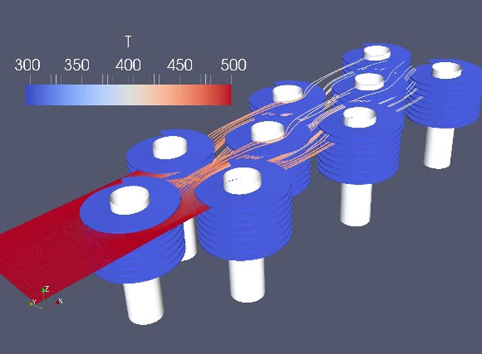 Stream lines through fin-tube heat exchanger