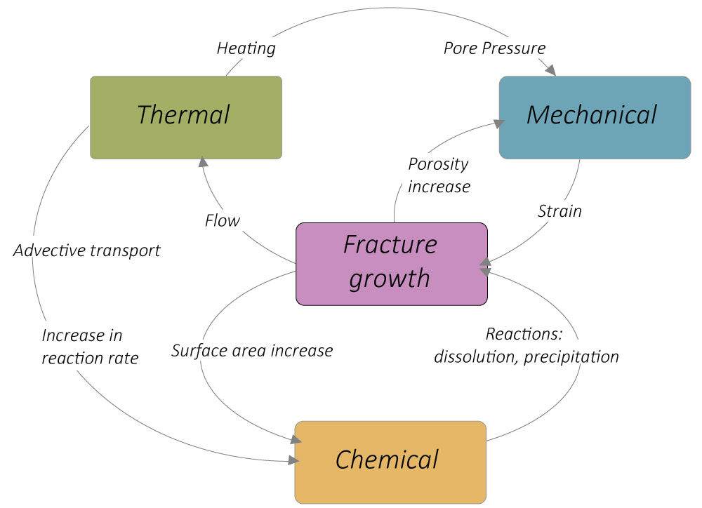 Schematic of the coupling of fracture growth with mechanical, chemical, and thermal processes; these mechanisms compose a feedback relationship displaying dependencies of one process on another (courtesy of Prof. M. Violay).