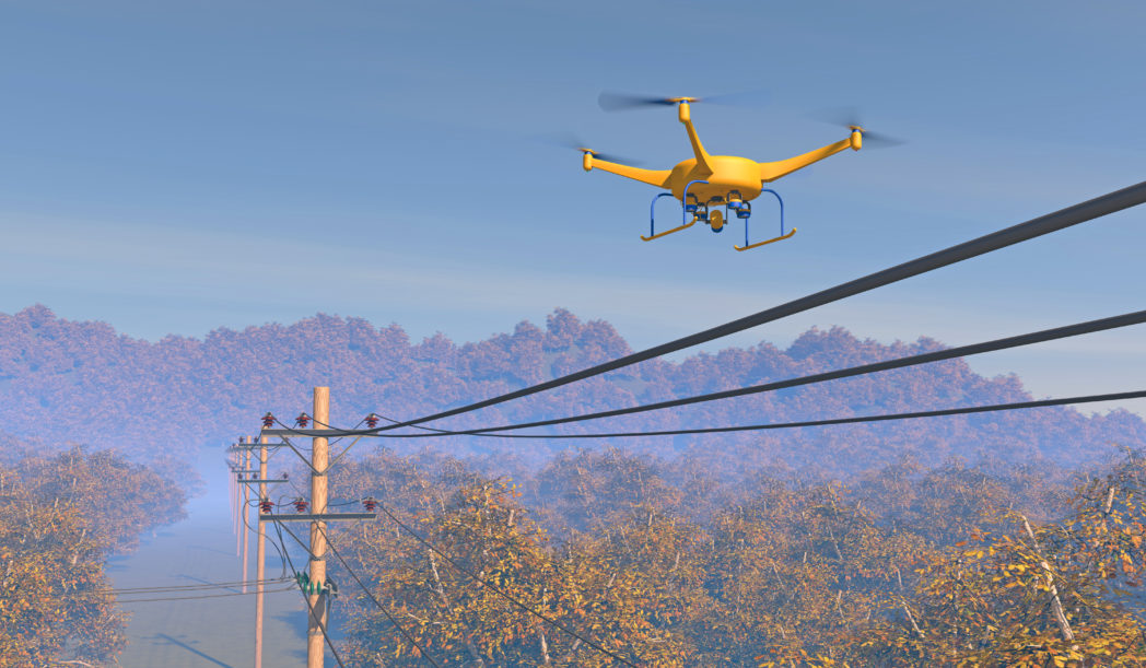 Drones surveilling power distribution grid
