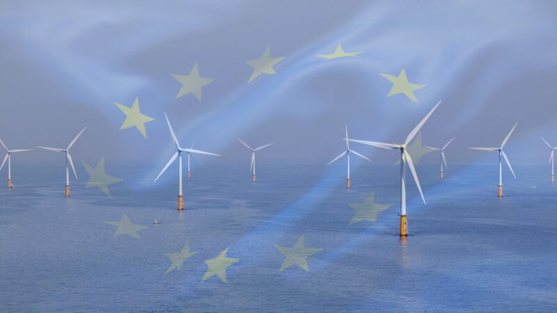 Offshore wind farm with the EU flag overlayed.