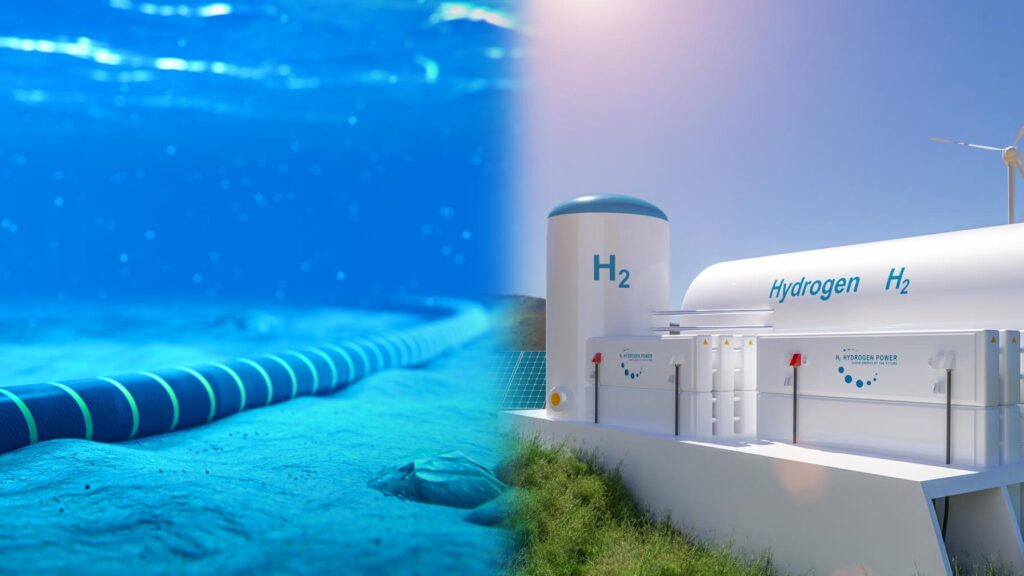 Collage showing a subsea cable on the left and hydrogen tanks on the right.