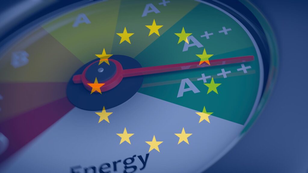 EU flag overlayed on a picture showing an energy efficiency dial