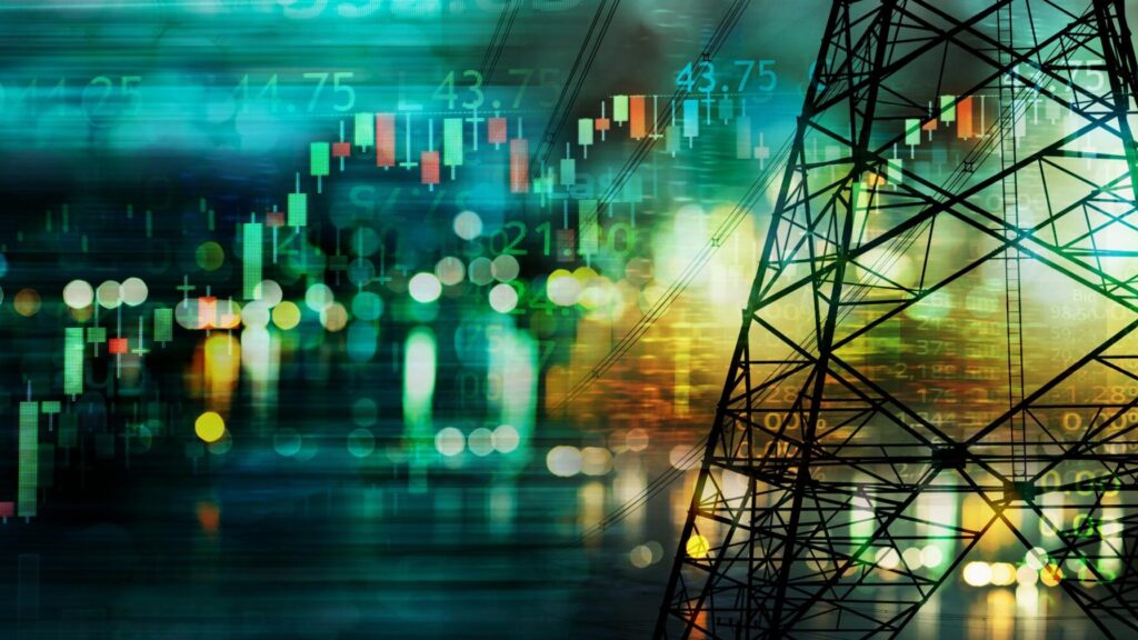 Transmission lines and blurry cityscape with data overlay