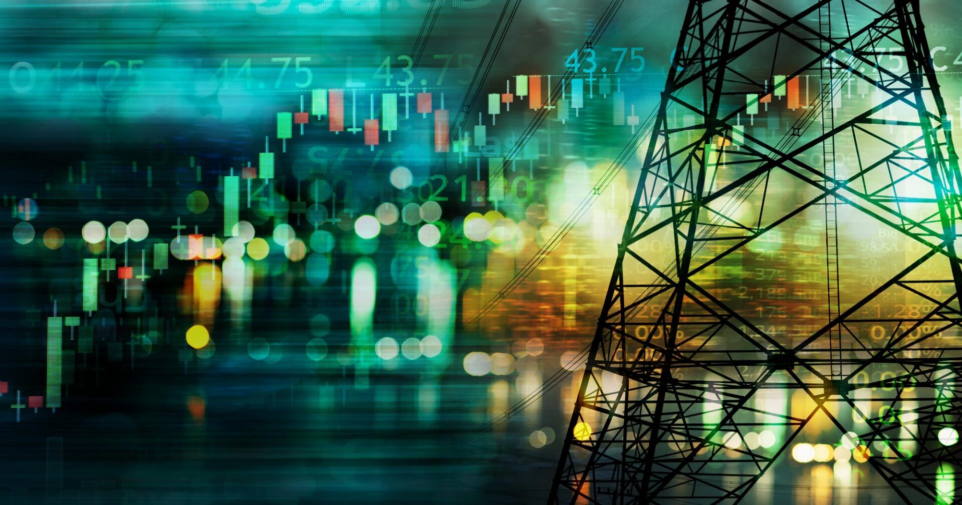 Transmission lines and blurry cityscape with data overlay