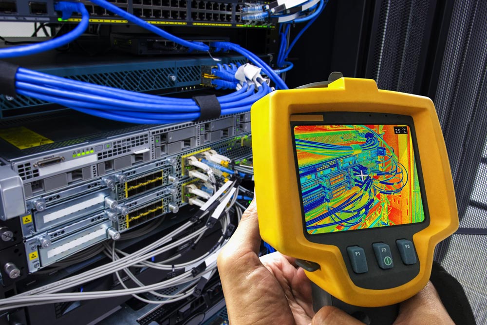 Hand pointing an infrared reader at excess heat from computer equipment.