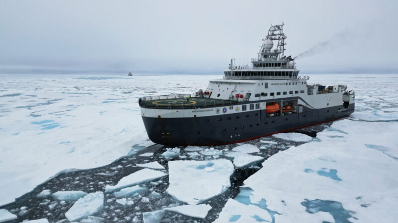 Research vessel Kronprins Haakon in the Arctic Ocean.