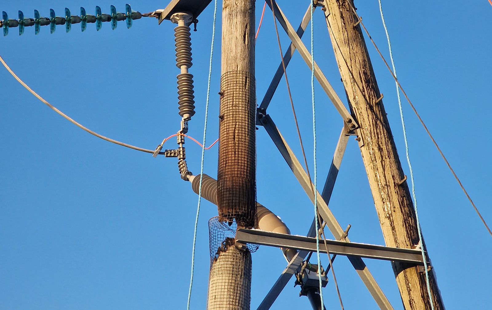 Figur 5: Brent mast antakeligvis forårsaket av mangelfull elektrisk kontakt mellom en kabelskjerm og mastens jordingssystem.