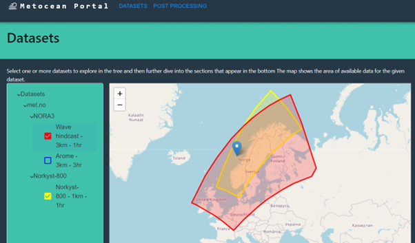 Screenshot of Metocean Portal showing map of Norway and overlay data.