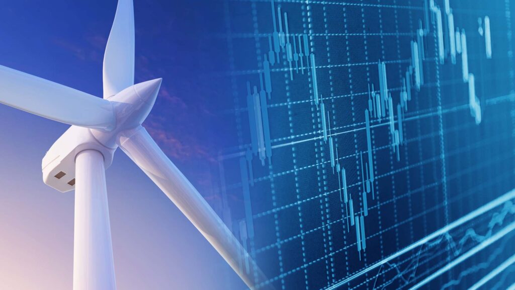Composite image showing a wind turbine on the left and a stock market graph on the right.