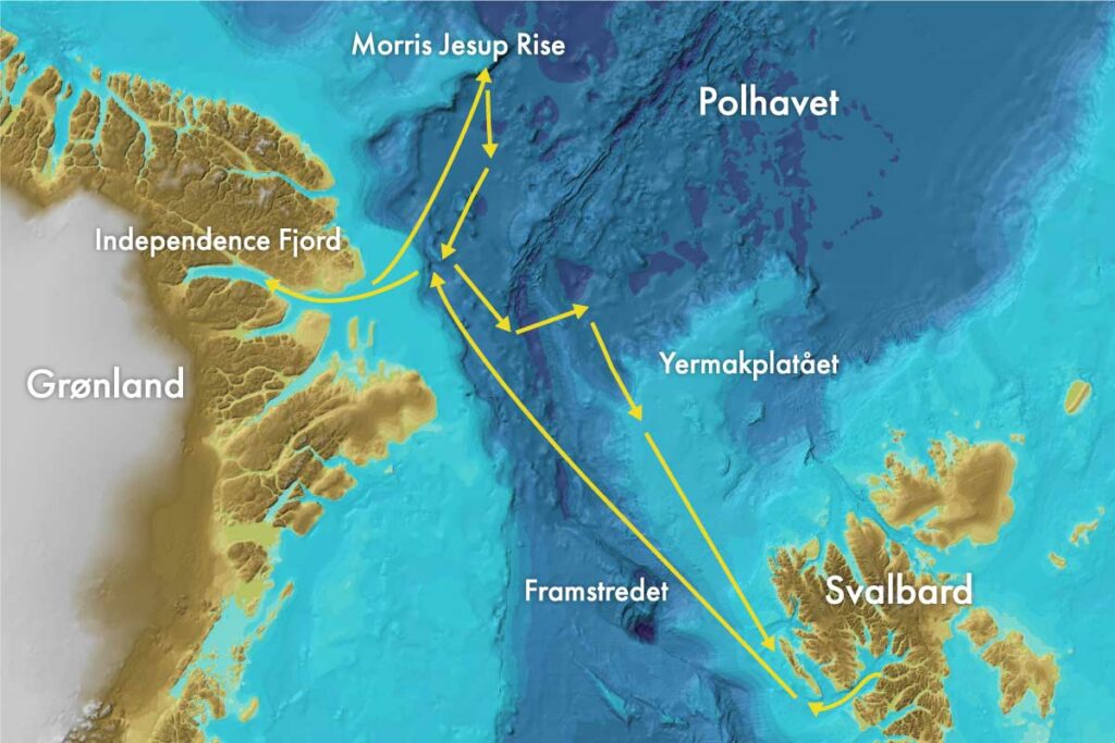 Dette kartet viser de områdene GoNorth-toktet 2024 har som mål til å utforske. Dette er plan A; havisforhold og uforutsette hendelser kan påvirke planene. Illustrasjon: GoNorth