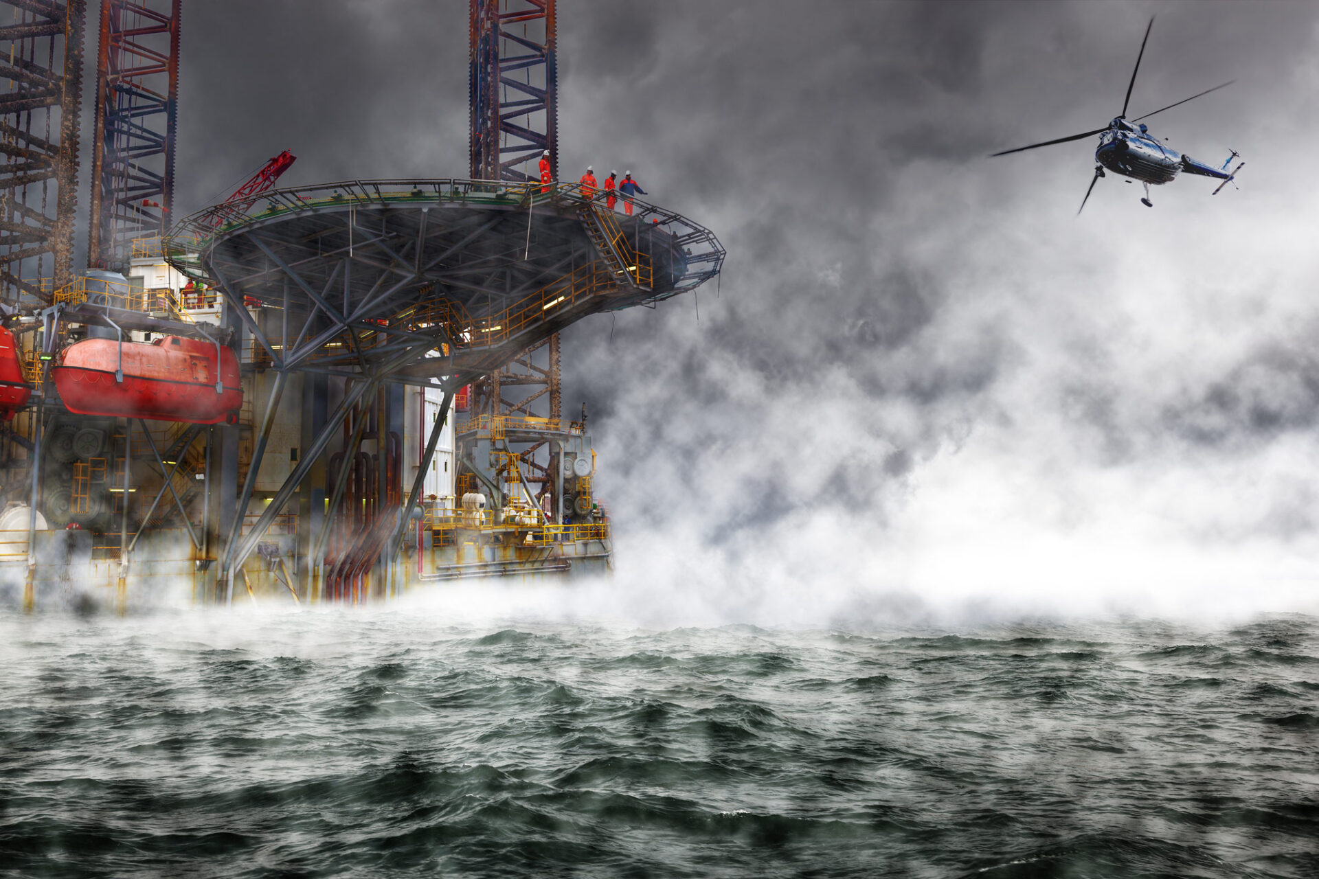 A helicopter approaching an offshore oil platform during a storm.