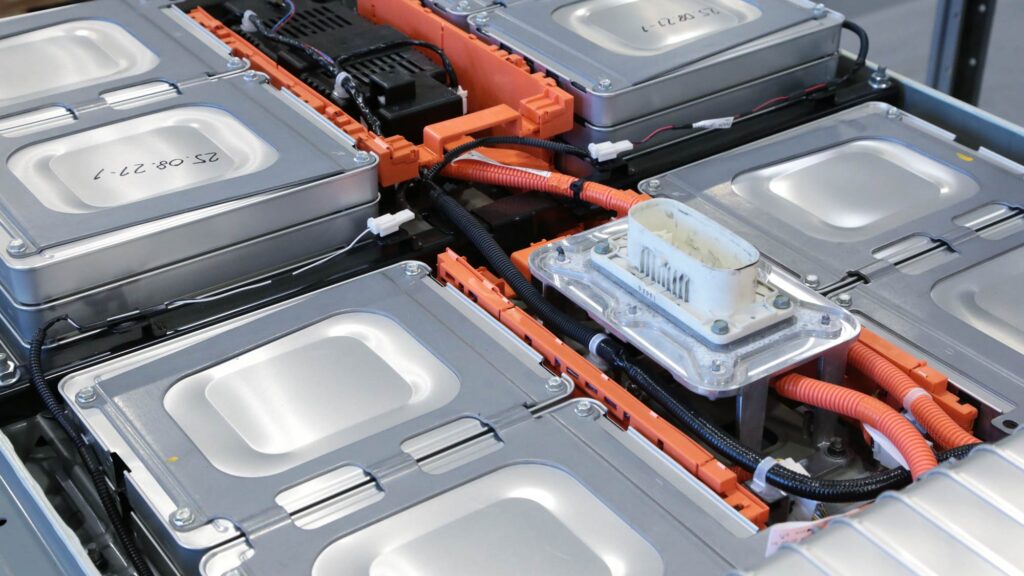 Close-up of a used Nissan Leaf battery.