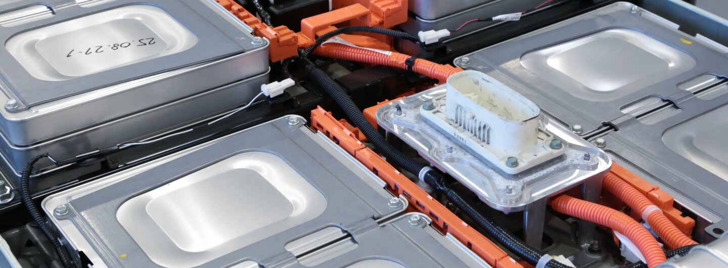 Close-up of a used Nissan Leaf battery.