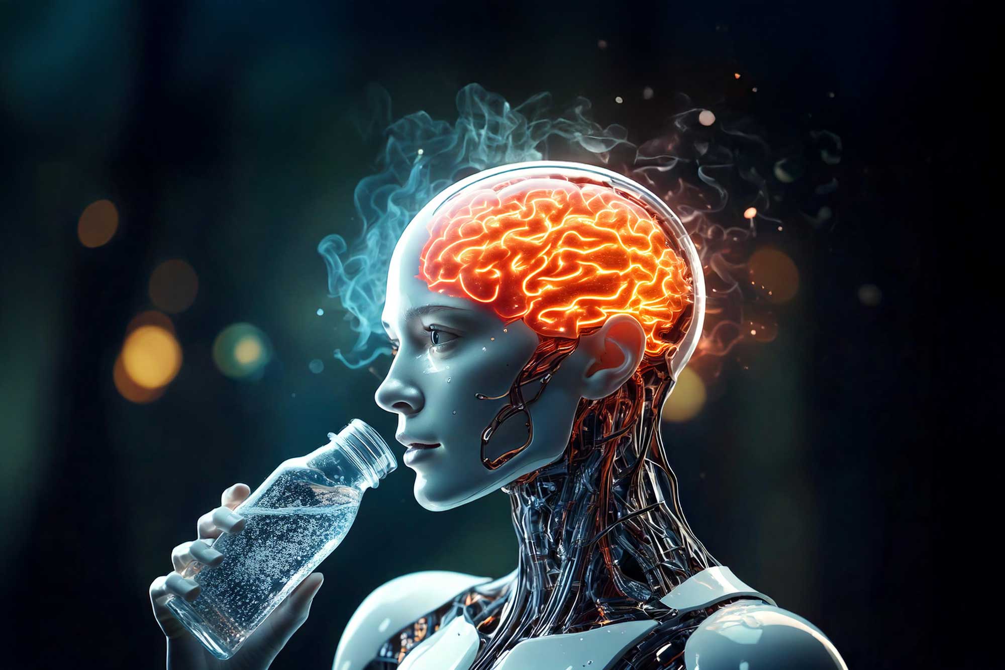 AI-generated image by Adobe Firefly. Prompt: CGI of a humanoid robot with an overheating brain, drinking a bottle of water.