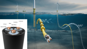 Illustration of yellow dynamic subsea power cables from floating wind turbines, and a cross section of a cable.