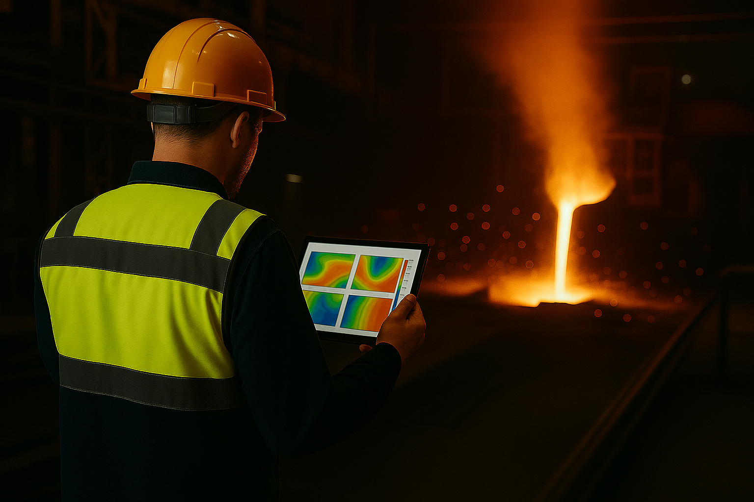 Industrial worker looking at digital heatmap in front of metal forge. Created with Copilot