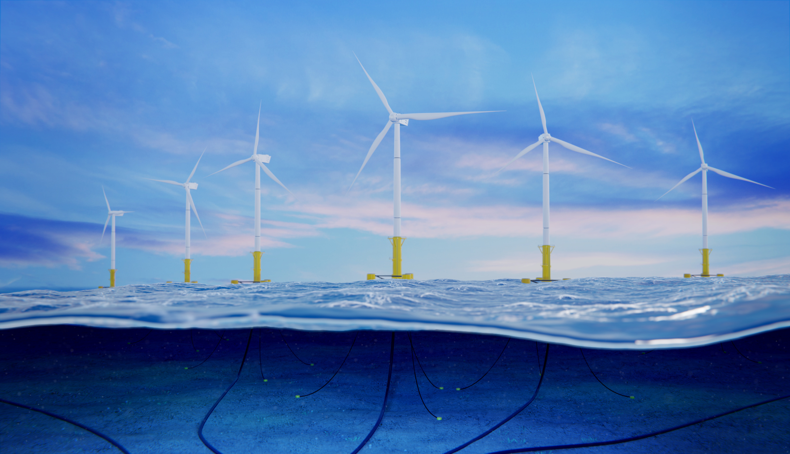 Row of floating wind turbines showing the structures above and below water.