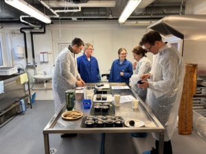 People tasting new food around a table in the kitchen laboratory.