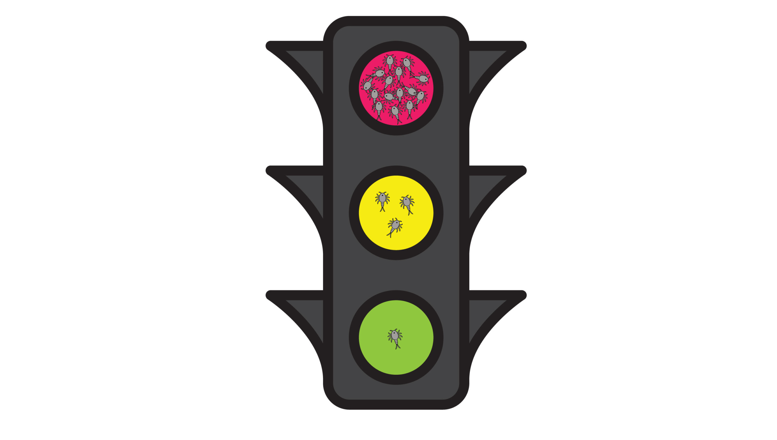 Trafikklys med lus. Flest på rødt, færrest på grønt.