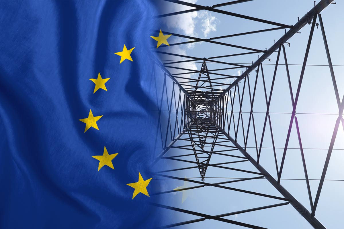 Decorative composite image showing an EU flag on the left and a transmission mast (from below) on the right.