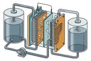 Illustrative rendering of a zinc-air flow battery.