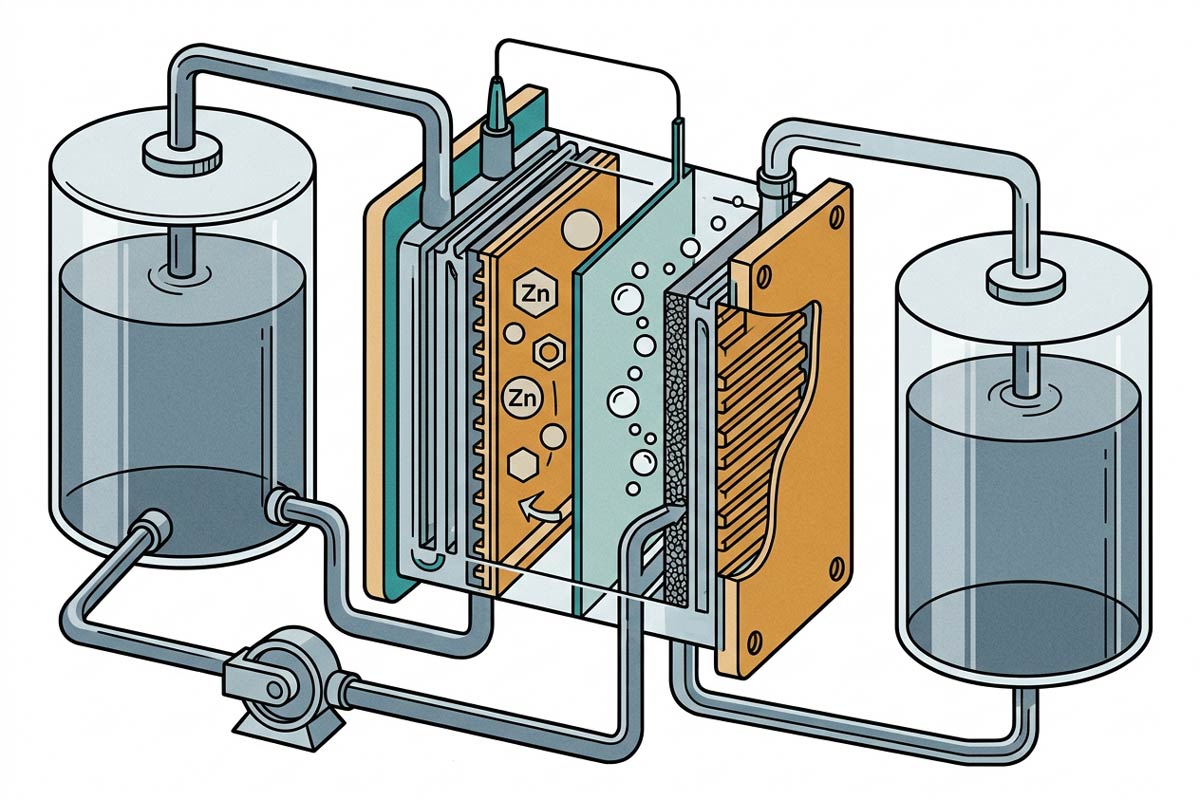Illustrative rendering of a zinc-air flow battery.