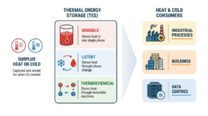 Infographic showing the flow of thermal energy storage (TES) from surplus heat or cold to end users. On the left, red and blue thermometer icons represent surplus heat and cooling, accompanied by the text “Surplus heat or cold – Captured and stored for when it’s needed.” In the centre, a large panel titled “Thermal Energy Storage (TES)” presents three storage technologies. The top section, “Sensible TES,” shows a container with a thermometer and the text “Stores heat in one single phase.” The middle section, “Latent TES,” shows a water droplet and snowflake connected by circular arrows, with the text “Stores heat through phase change.” The bottom section, “Thermochemical TES,” shows two connected coloured circles that separate and reconnect, illustrating a reversible reaction, with the text “Stores heat through reversible reactions.” A large pale arrow-shaped wedge points from the TES panel toward the right side of the figure. On the right, three application areas are shown in separate boxes with icons: industrial processes, buildings, and data centres. The layout conveys that surplus heat or cold can be stored using sensible, latent, or thermochemical TES technologies and later supplied to industrial facilities, buildings, and data centres.