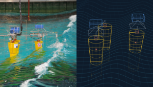 Figure 1. Left: a floating platform model meets a breaking wave. Right: illustration of its physics-informed AI model, which combines sparse measurements with physical principles to let us “see” the forces on the whole structure. These forces provide critical insights for design and maintenance.