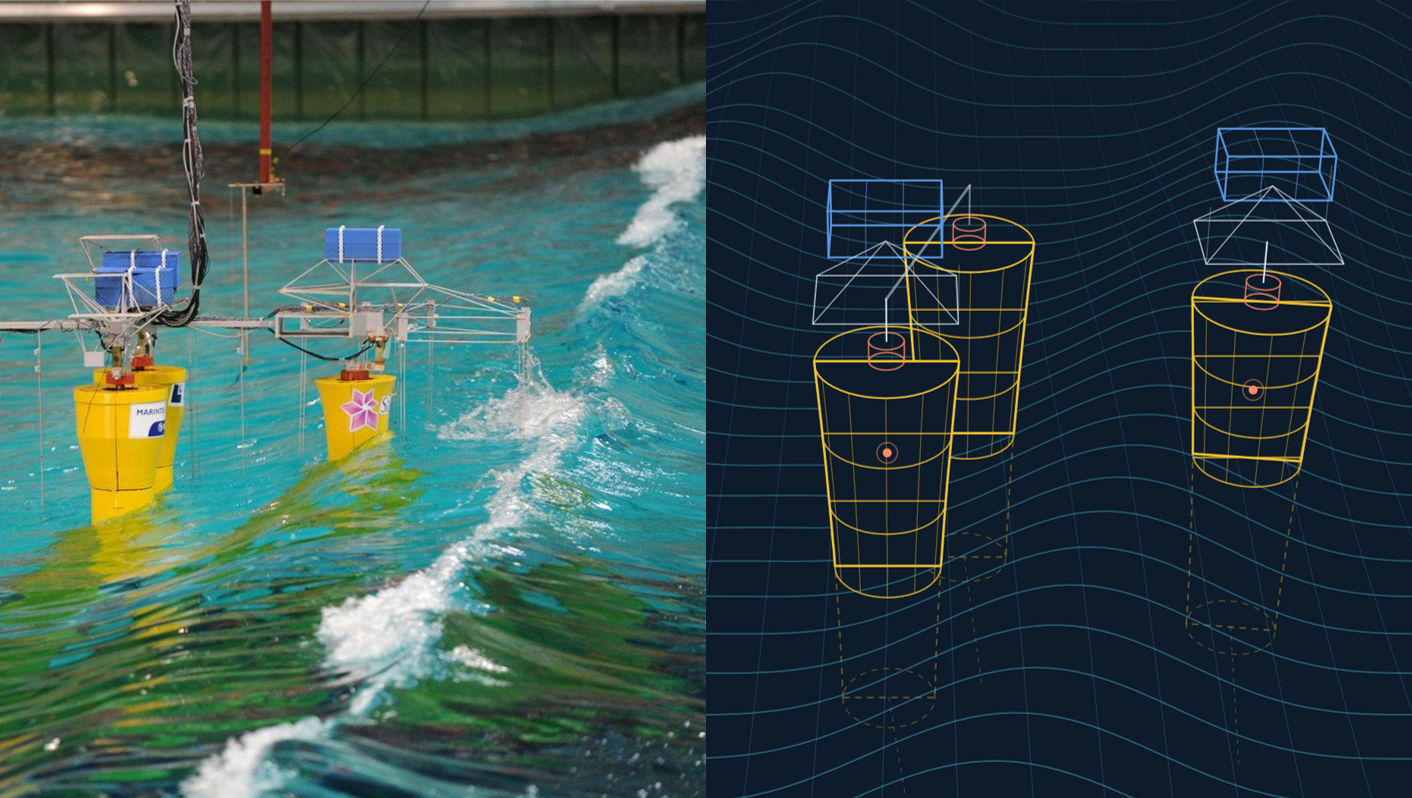 Figure 1. Left: a floating platform model meets a breaking wave. Right: illustration of its physics-informed AI model, which combines sparse measurements with physical principles to let us “see” the forces on the whole structure. These forces provide critical insights for design and maintenance.