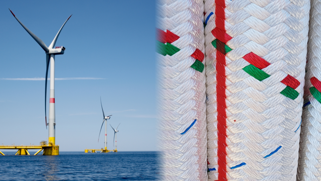 Collage with floating offshore wind and nylon ropes.