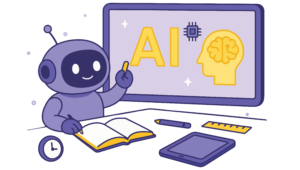 Friendly looking robot at a desk pointing to a screen with AI and a human brain on it.
