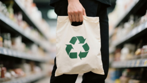 Hand holding eco-shopping bag with recycling icon on it.